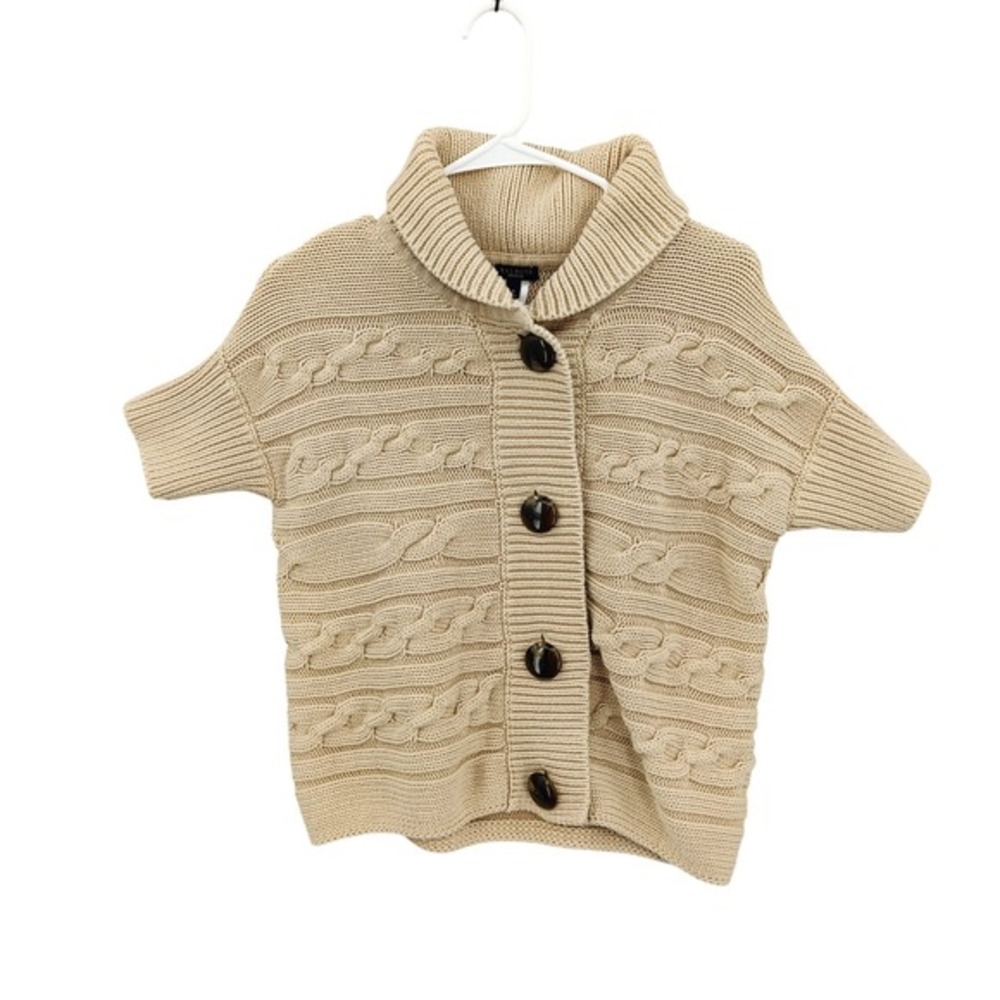 Talbots Womens Coastal Preppy Cable Knit Cardigan M Beige Short Sleeve Sweater
